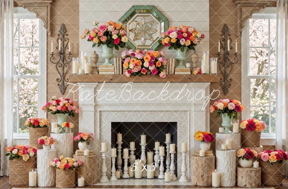 Kate Spring Fireplace Floral Roses Candles Printed Backdrop Designed by Mini MakeBelieve