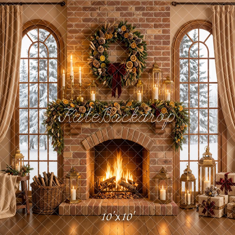 Kate Christmas Fireplace Garland Wreath Brick Wall Printed Backdrop Designed by Emetselch