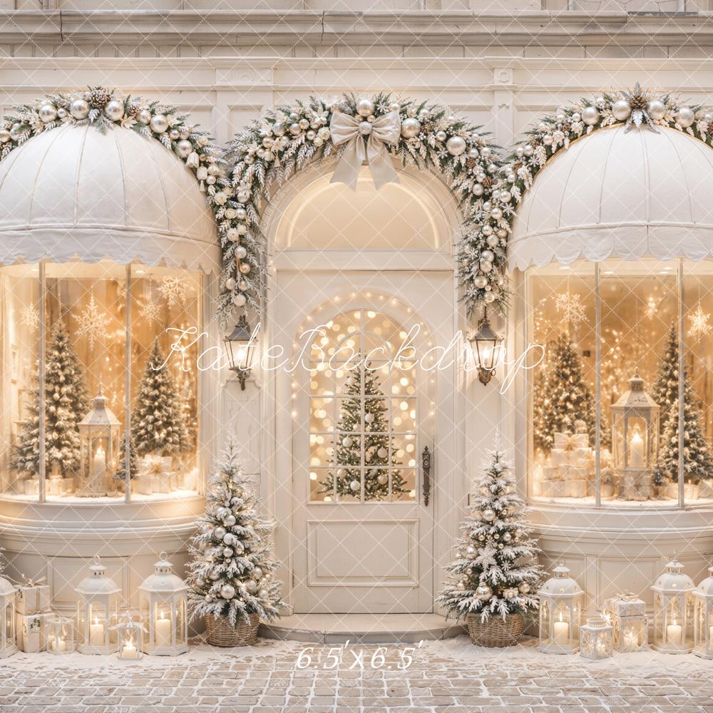 Kate Christmas Shop Arched Window Garland Snowy Trees Printed Backdrop Designed by Emetselch
