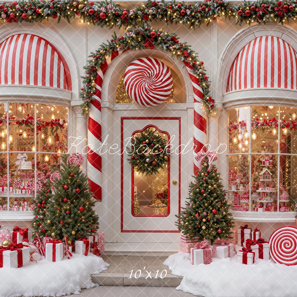 Kate Christmas Candy Shop Peppermint Candy Canes Trees Striped Awning Printed Backdrop Designed by Emetselch