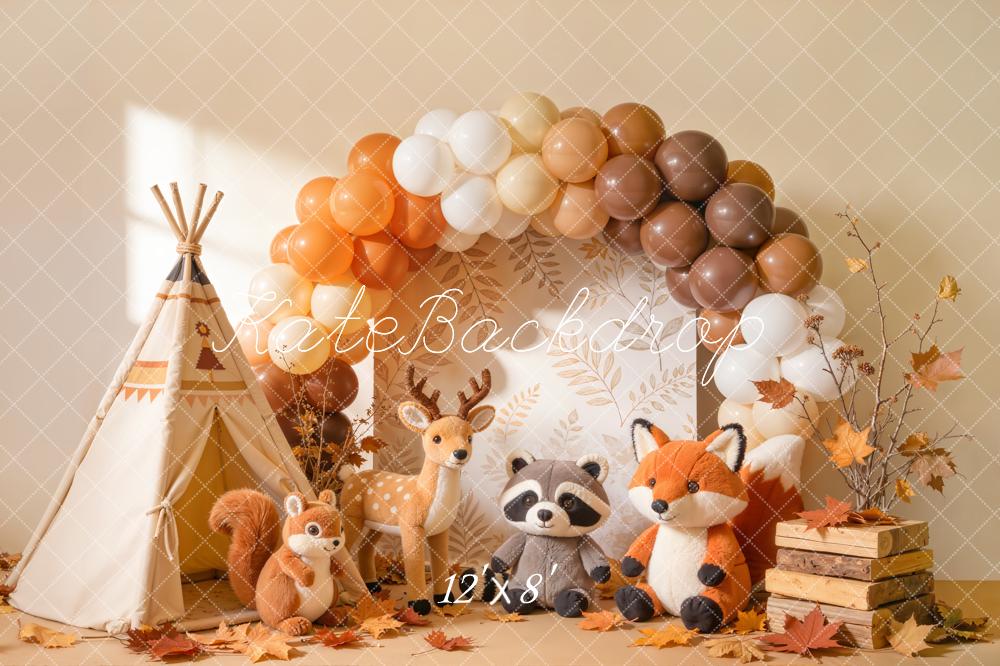 Kate Cake Smash Fall Woodland Balloon Arch Teepee Animals Printed Backdrop Designed by Emetselch