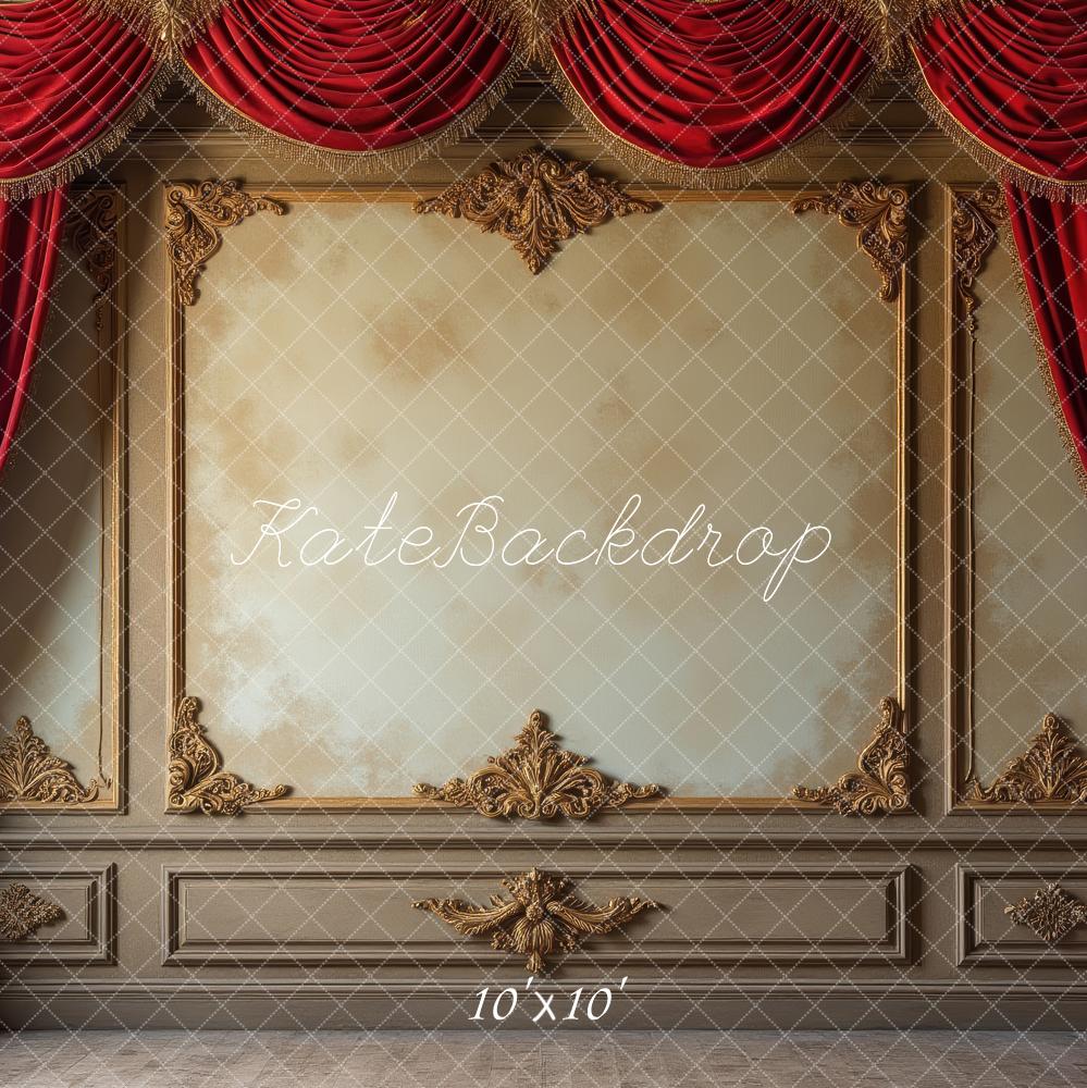 Kate Vintage Wall Red Curtains Gold Ornaments Printed Backdrop Designed by Laura Bybee