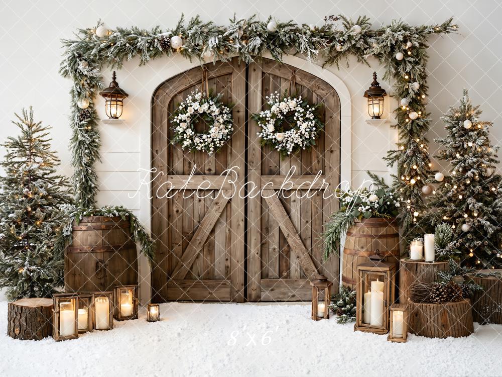 Kate Christmas Wooden Door Wreath Snowy Trees Barrels Backdrop Designed by Emetselch