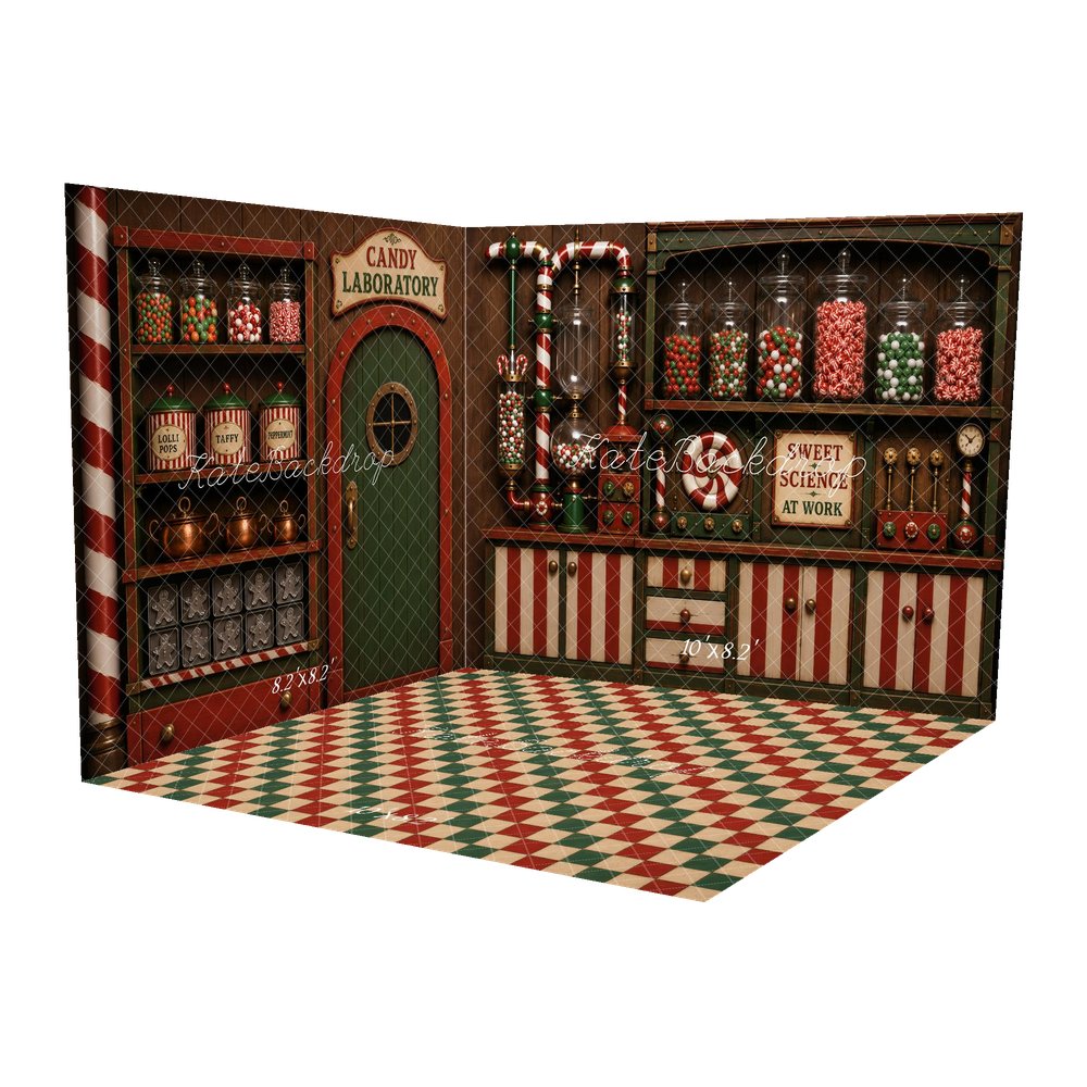 Kate Christmas Candy Cane Laboratory Cabinet Printed Backdrop Room Set