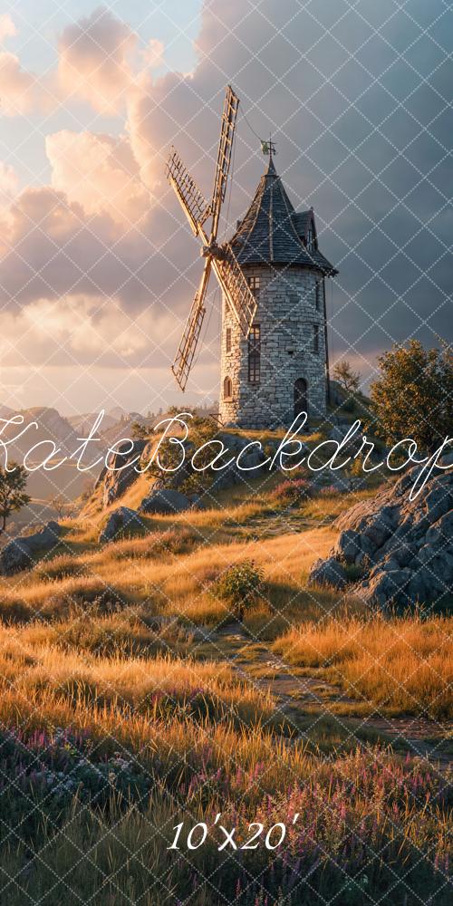 Kate Windmill Stone Sunrise Meadow Printed Backdrop Designed by Chain Photography