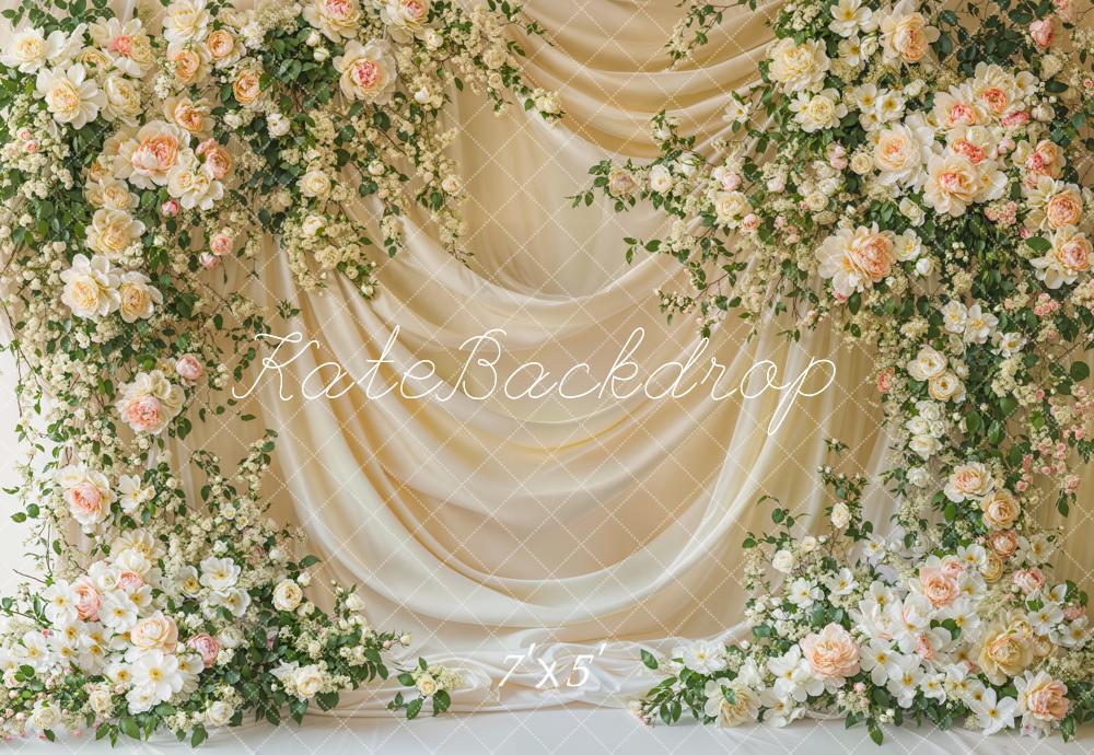 Kate Spring Floral Arch White Drapes Backdrop Designed by Emetselch