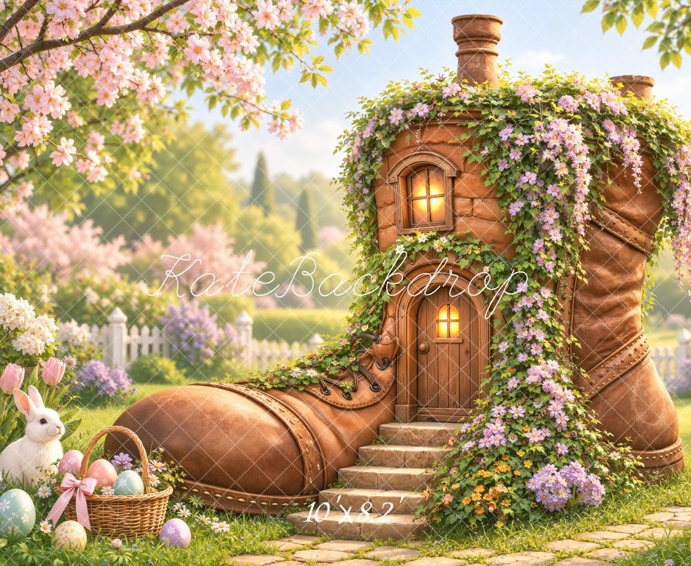 Kate Easter Boot House Bunny Flower Garden Printed Backdrop Designed by Emetselch