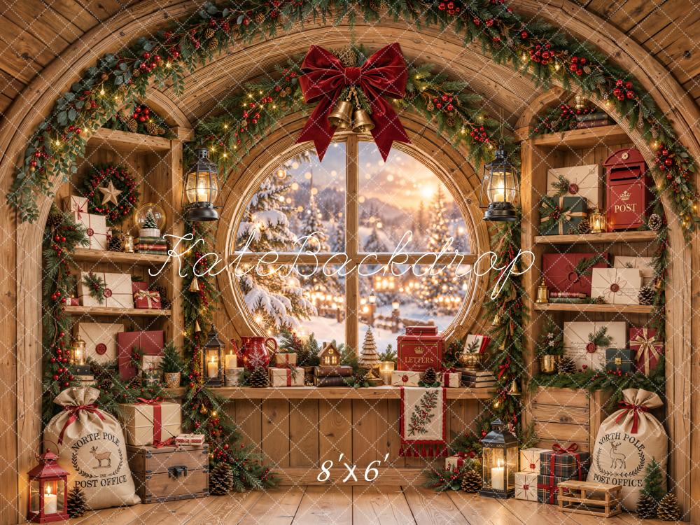 Lightning Deal Kate Christmas Rustic Workshop Gifts Circle Arched Window Bow Printed Backdrop Designed by Emetselch