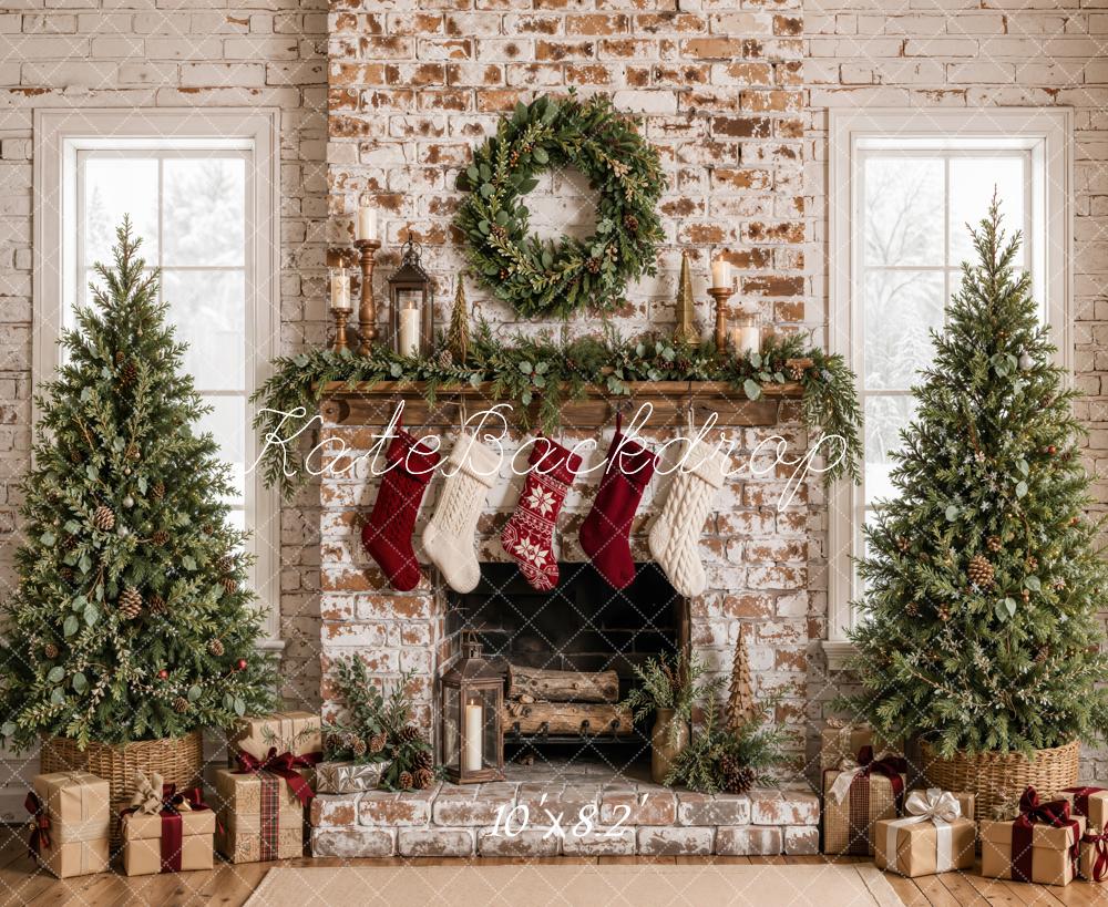 Kate Christmas Distressed Brick Fireplace Christmas Trees Wreath Printed Backdrop Designed by Emetselch