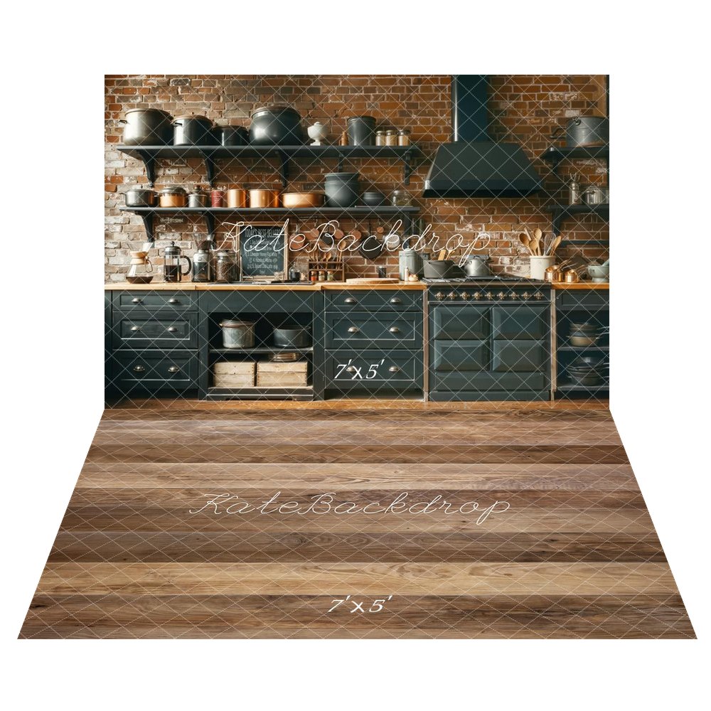 Kate Rustic Kitchen Brick Wall Shelves Stove Cookware Backdrop+Brown Wood Plank Floor Backdrop