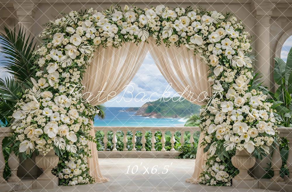 Kate Summer Flower Arch White Floral Drapes Ocean View Printed Backdrop Designed by Mini MakeBelieve