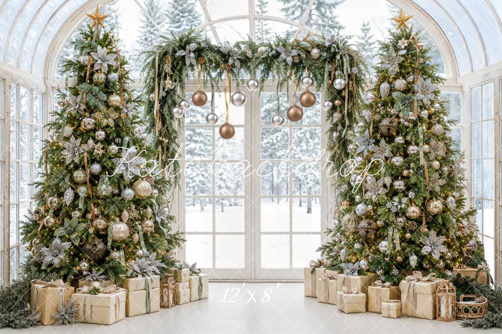 Kate Christmas Greenhouse Trees Garland Gifts Gold Ornaments Printed Backdrop Designed by Emetselch