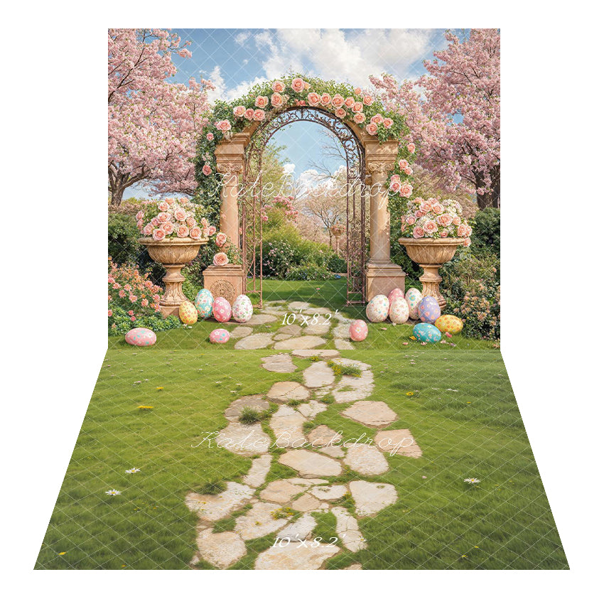 Kate Easter Flower Arch Pastel Eggs Garden Backdrop+Stone Pathway With Daisies On Green Grass Floor Backdrop