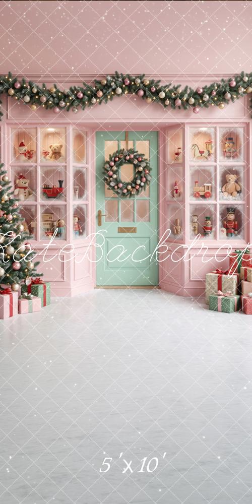 Kate Sweep Christmas Pink Toy Shop Garland Wreath Printed Backdrop Designed by Happy Squirrel Design