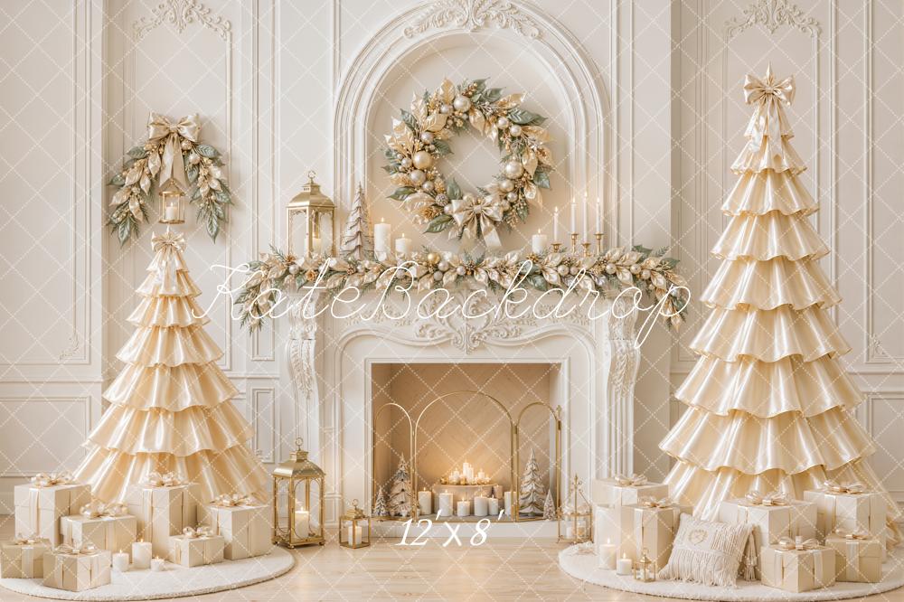 Kate Christmas White Fireplace Wreath Satin Trees Printed Backdrop Designed by Emetselch