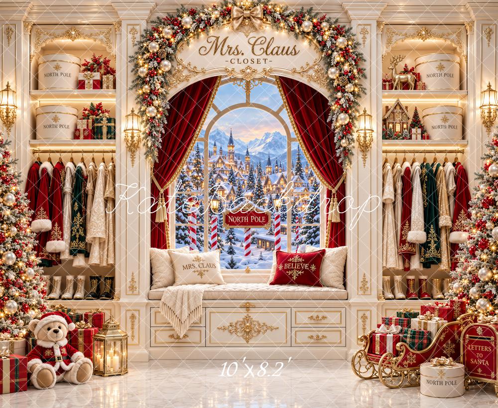 Kate Christmas Mrs. Claus Closet North Pole Window Teddy Bear Printed Backdrop Designed by Ashley Paul