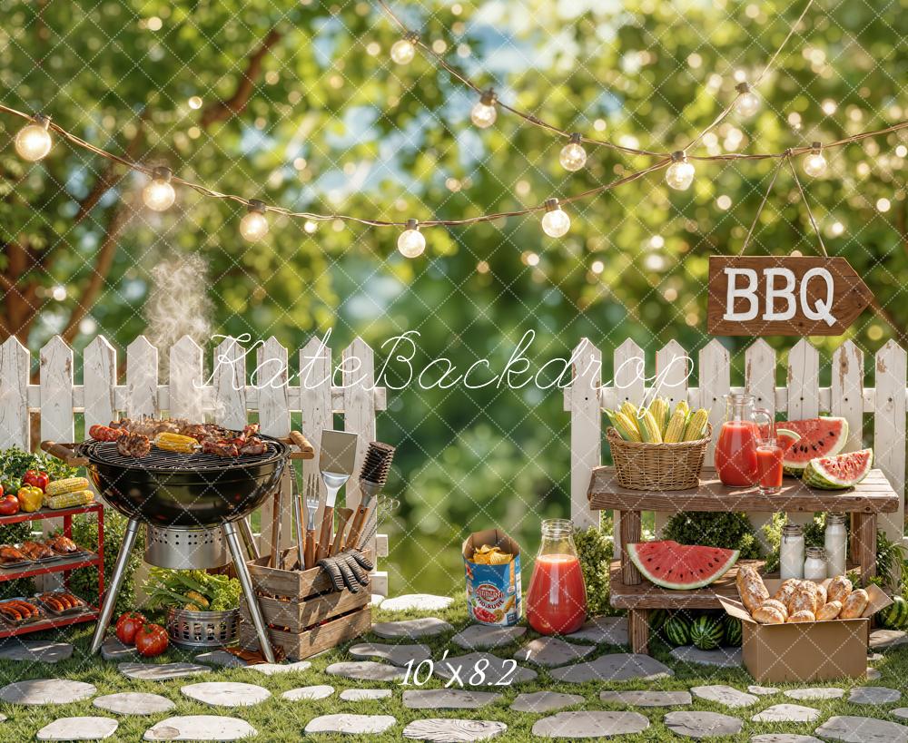 Kate Summer BBQ Grill Picnic White Picket Fence String Lights Printed Backdrop Designed by Chain Photography