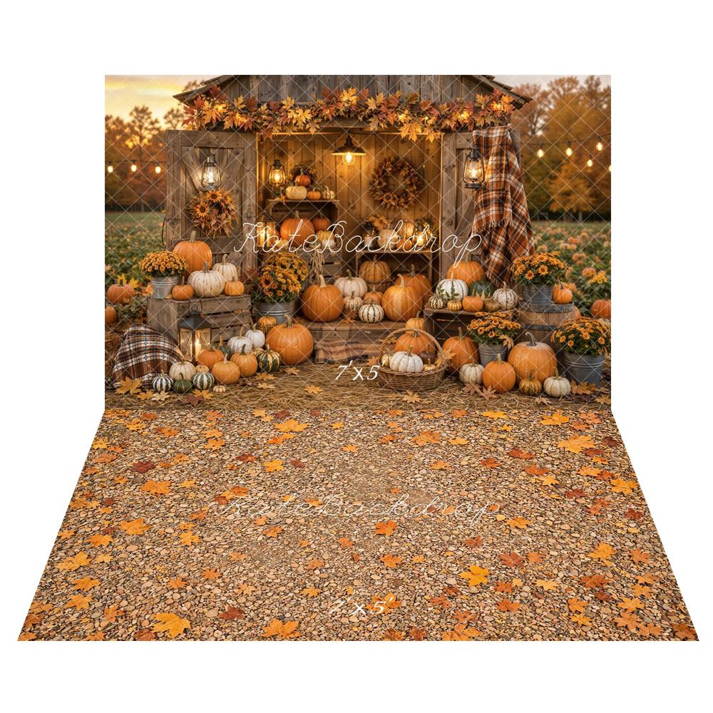 Kate Fall Pumpkin Market Sunflower Lantern Harvest Printed Backdrop+Fall Pebble Maple Leaves Floor Printed Backdrop