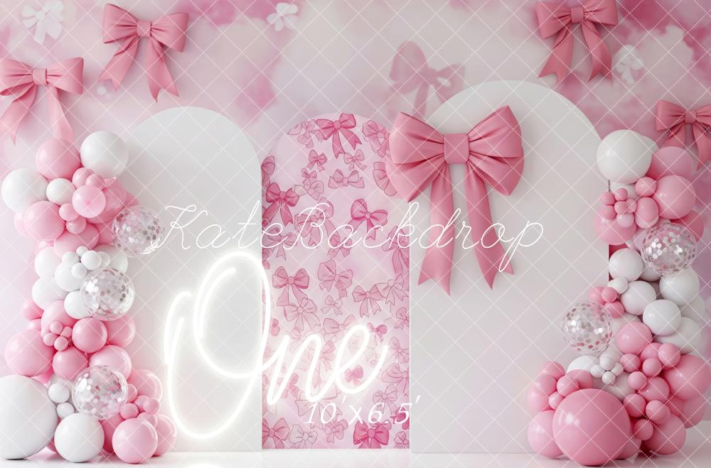 Kate 1st Birthday Pink Bows Balloons Arch Backdrop Designed by Patty Roberts