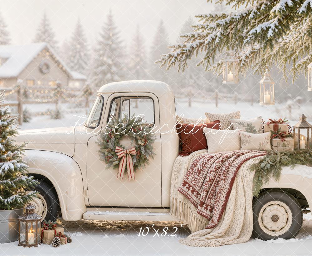 Kate Christmas Countryside Vintage White Truck Snowy Lanterns Blanket Printed Backdrop Designed by Emetselch