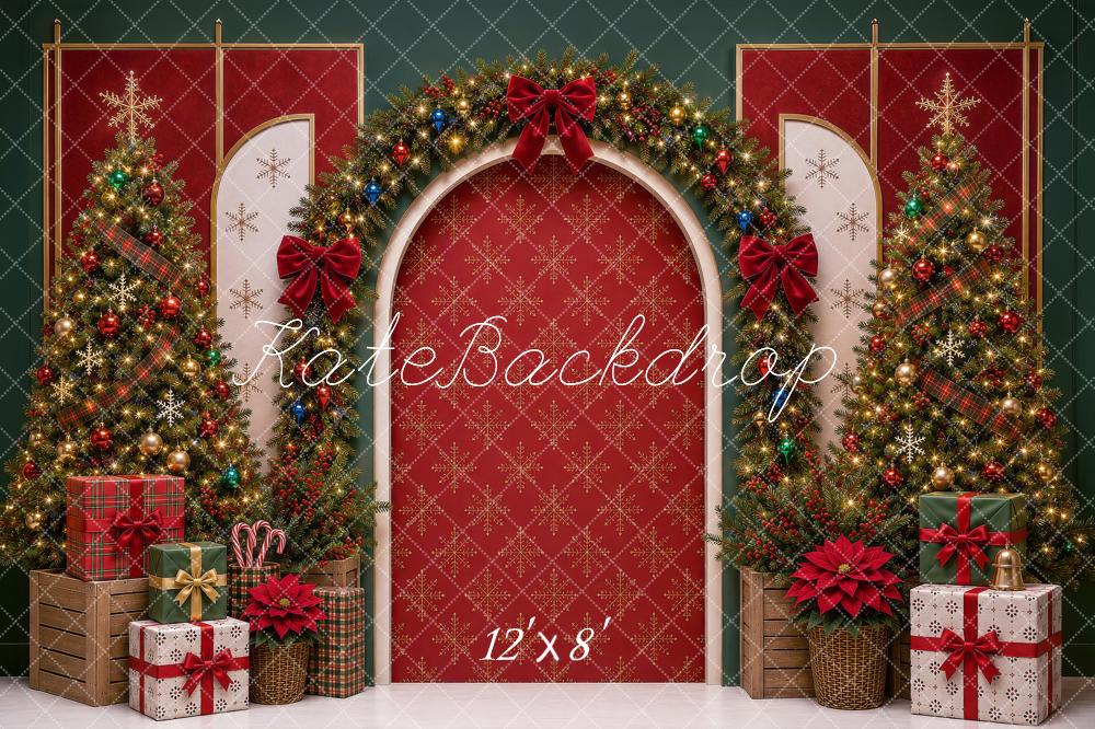 Kate Christmas Red Arch Garland Trees Presents Bow Printed Backdrop Designed by Shutter Swan Studios