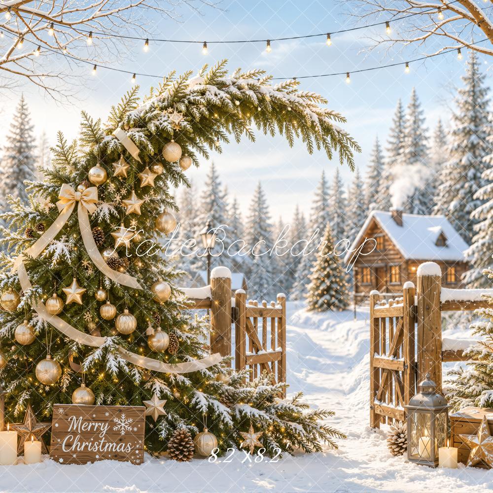 Kate Christmas Fantasy Snowy Tree Whimsical Gold Ornaments Cabin Gate Printed Backdrop Designed by Emetselch