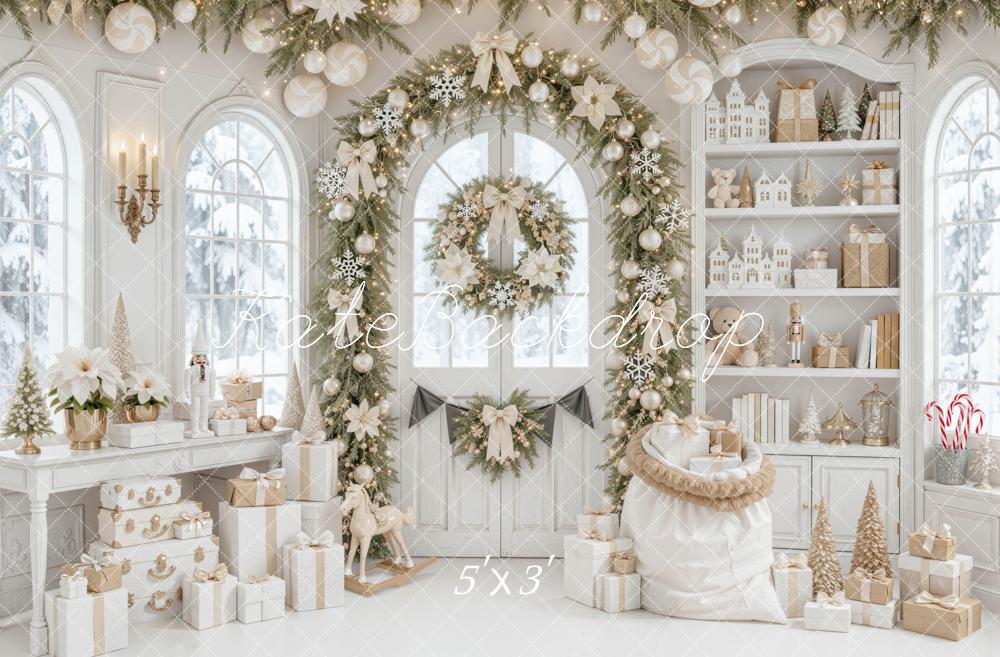 Kate Christmas White Garland Arch Gifts Toys Printed Backdrop Designed by Mini MakeBelieve