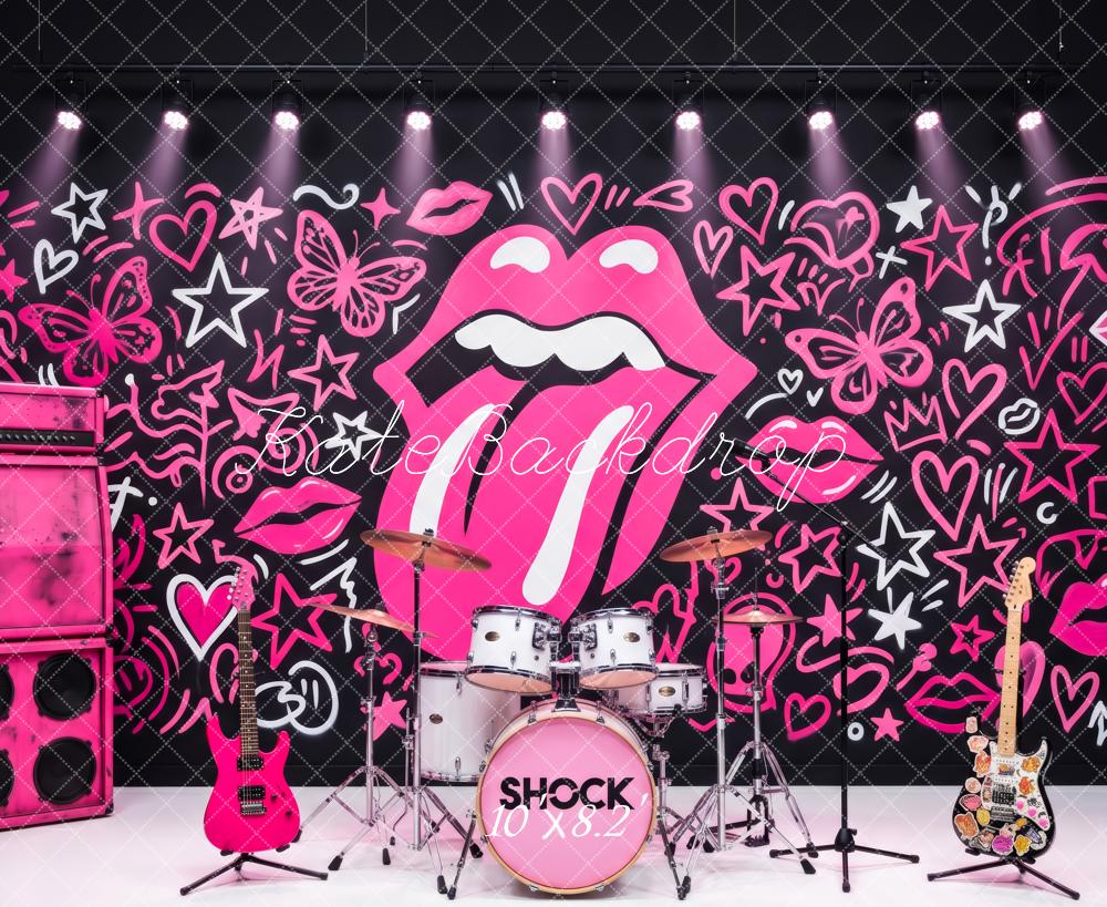 Kate Rock Pink Graffiti Lips Stars Hearts Butterflies Printed Backdrop Printed Backdrop Designed by Patty Roberts