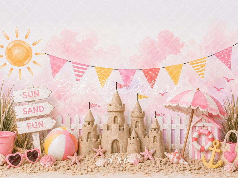 Kate Summer Sandcastle Beach Umbrella Pink Printed Backdrop Designed by Caitlin Lynch