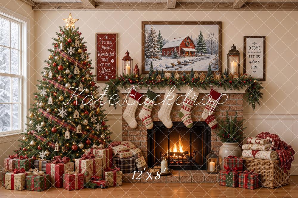 Kate Christmas Tree Stone Fireplace Gifts Stockings Rustic Printed Backdrop Designed by Shutter Swan Studios