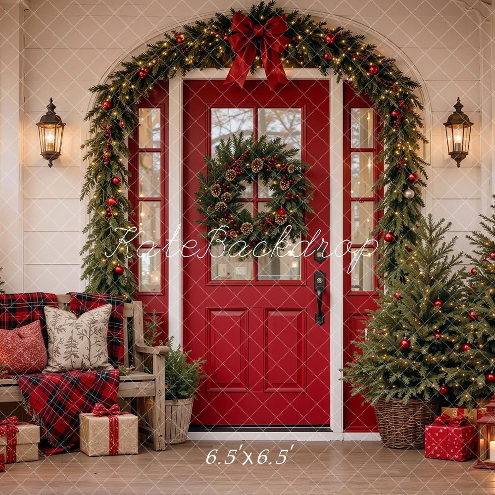 Kate Christmas Red Door Front Porch Garland Trees Gifts Printed Backdrop Designed by Shutter Swan Studios