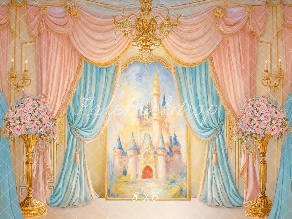 Kate Cake Smash Fairy Fantasy Castle Gold Chandelier Pink Blue Drapes Backdrop Designed by GQ