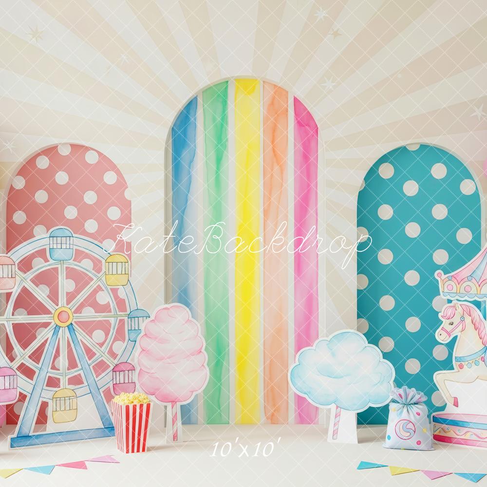 Kate Cake Smash Carnival Ferris Wheel Carousel Rainbow Balloons Printed Backdrop Designed by Patty Roberts