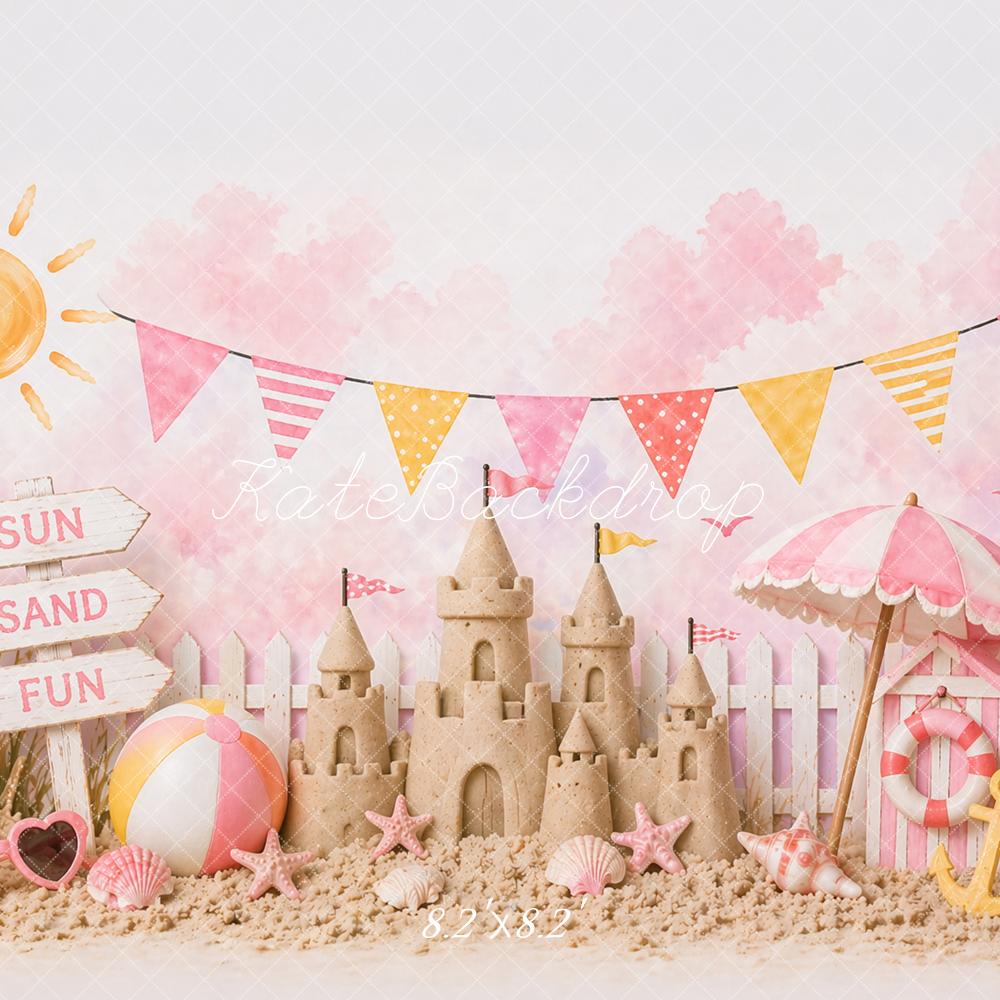 Kate Summer Sandcastle Beach Umbrella Pink Printed Backdrop Designed by Caitlin Lynch