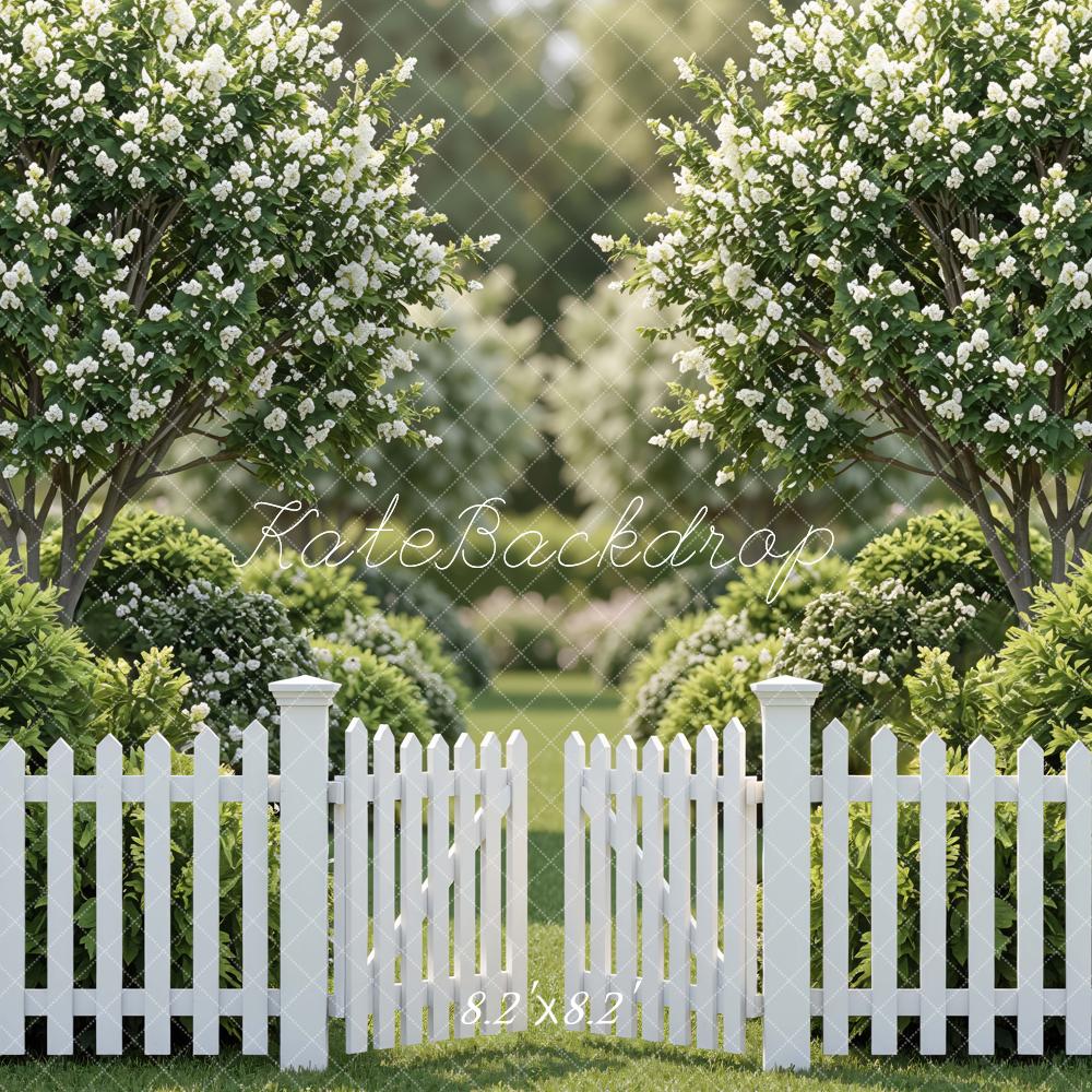 Kate Spring White Picket Fence Flowering Trees Garden Printed Backdrop Designed by Mini MakeBelieve
