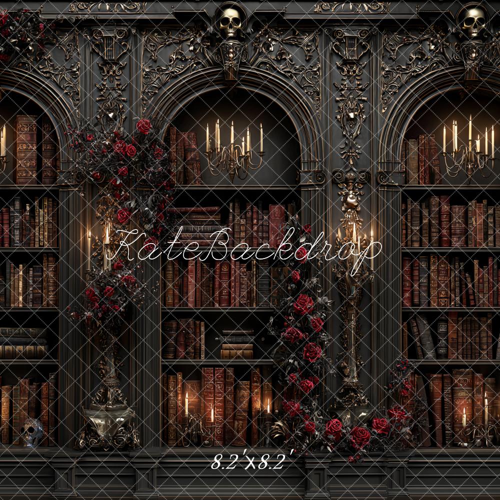 Kate Halloween Gothic Bookshelves Red Roses Candles Backdrop Designed by Ashley Paul