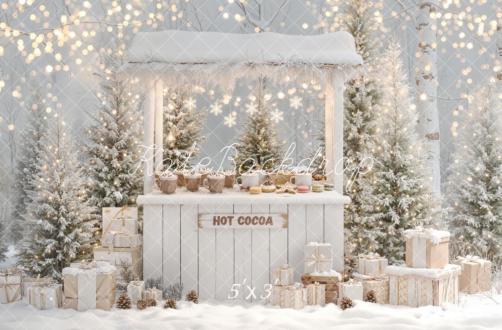 Kate Christmas Winter Hot Cocoa Stand Snowy Trees Gifts Backdrop Designed by Emetselch
