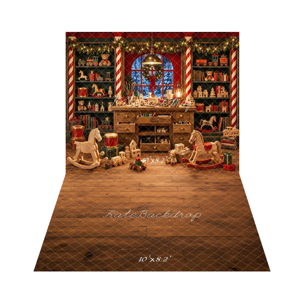 Kate Christmas Toys Room Wooden Rocking Horse Teddy Bear Printed Backdrop+Brown Wooden Floor Printed Backdrop