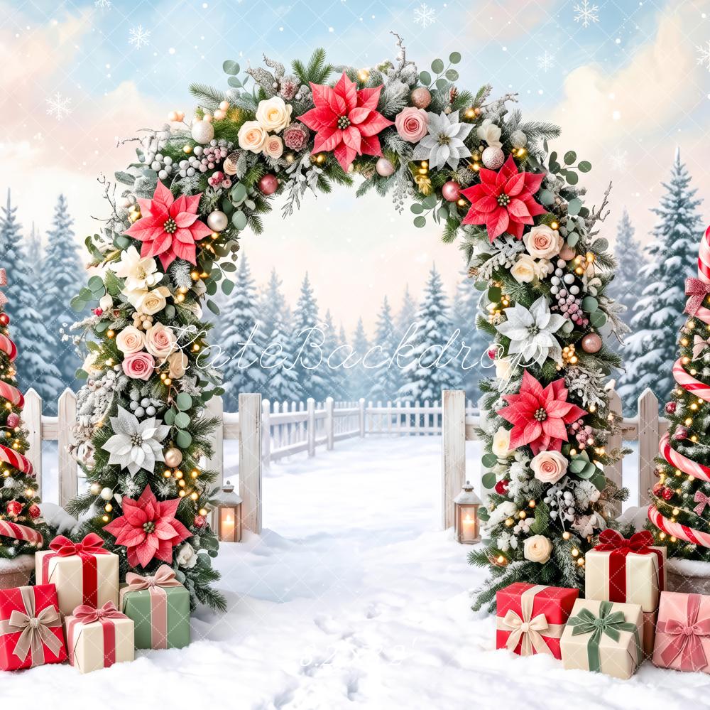 Kate Christmas Candy Cane Floral Arch Gifts Snow Printed Backdrop Designed by Patty Roberts