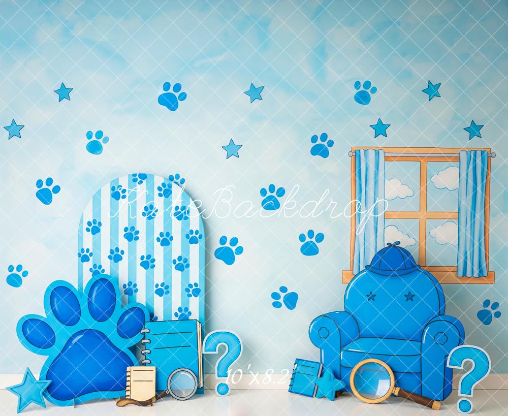 Kate Cake Smash Blue Paw Print Stars Chair Window Printed Backdrop Designed by Patty Roberts