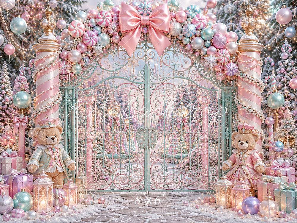Kate Christmas Pink Candy Cane Gate Teddy Bears Kids Printed Backdrop Designed by Ashley Paul