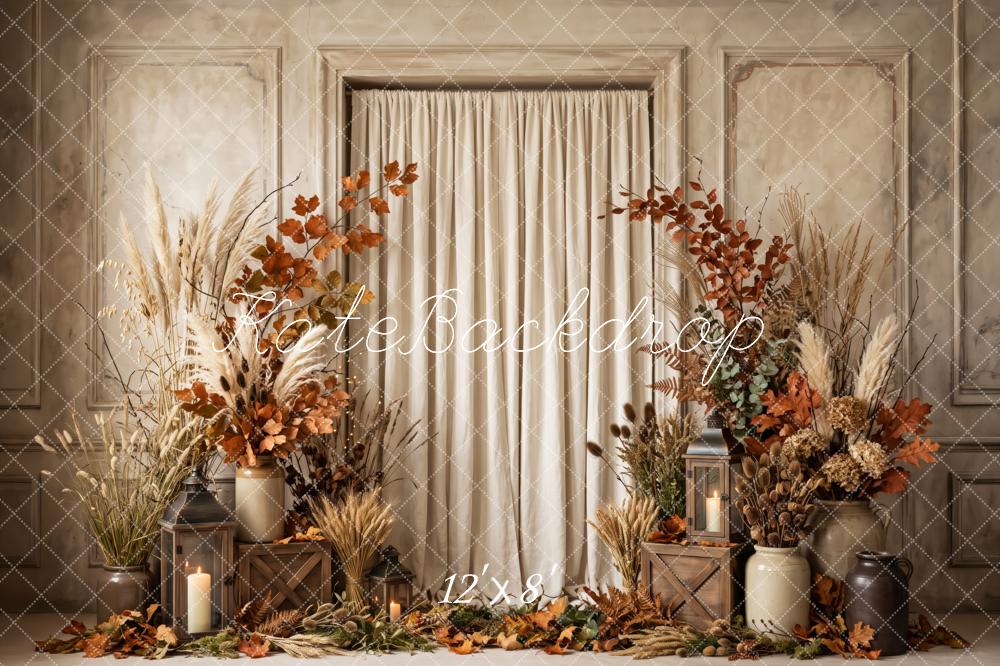 Kate Fall Floral Cozy Draped Curtain Vintage Beige Printed Backdrop Designed by Patty Roberts