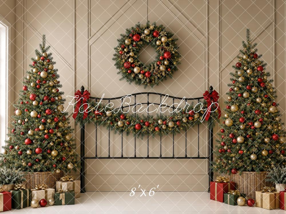 Kate Christmas Headboard Trees Wreath Garland Beige Wall Printed Backdrop Designed by Shutter Swan Studios