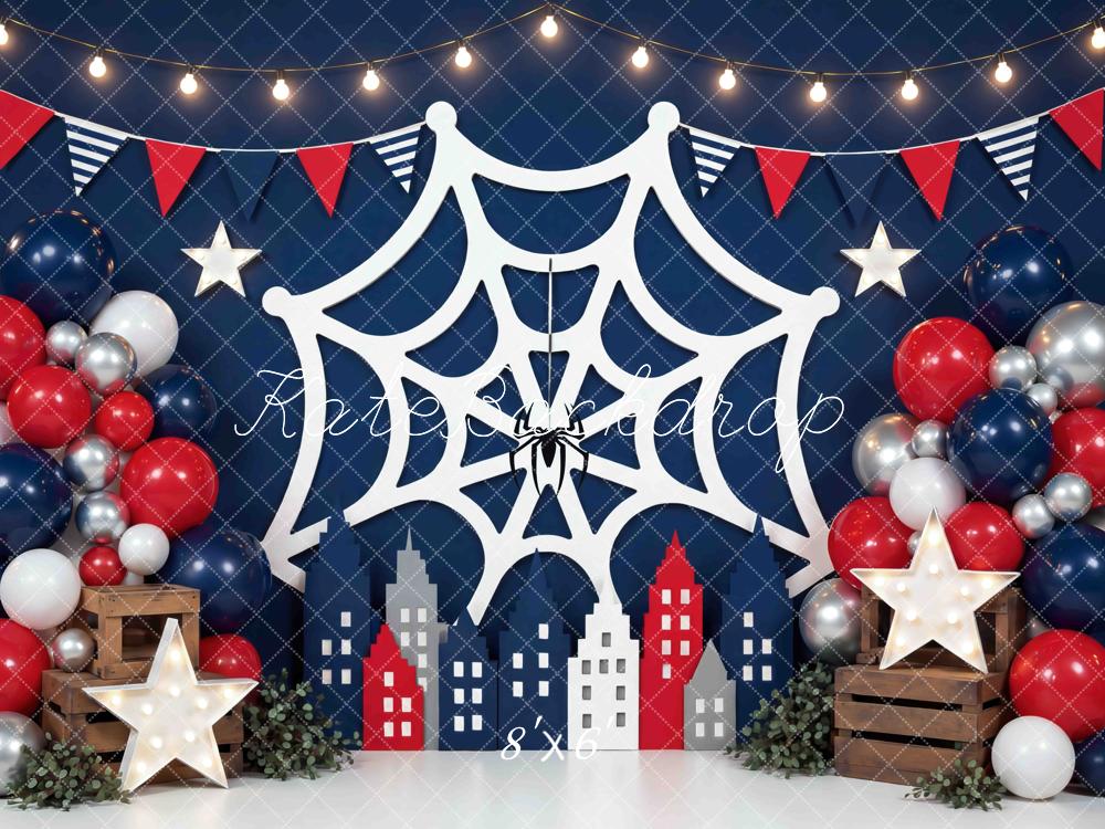 Kate Superhero Spider Web Cityscape Balloons Stars Bunting Printed Backdrop Designed by Mini MakeBelieve