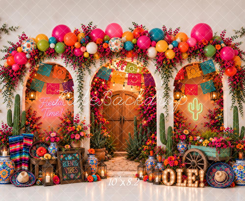 Kate Birthday Mexican Fiesta Flower Arch Cactus Balloons Papel Picado Printed Backdrop Designed by Ashley Paul