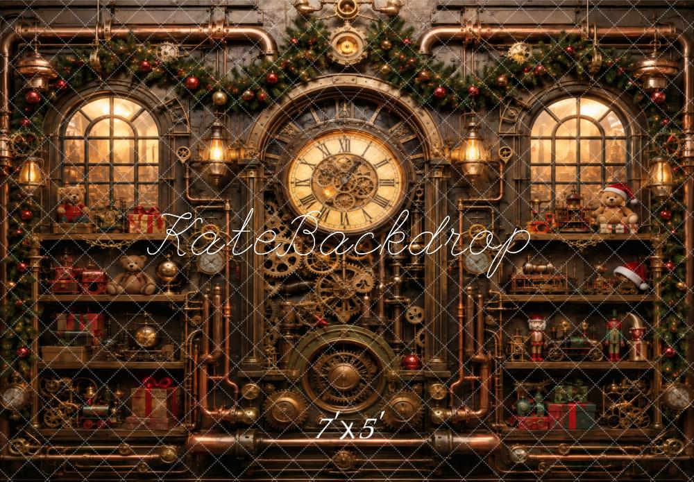 Kate Christmas Steampunk Clockwork Workshop Window Shelves Printed Backdrop Designed by Vertigo Productions