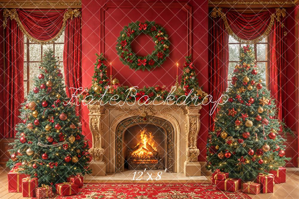 Kate Christmas Trees Vintage Fireplace Wreath Red Curtains Backdrop Designed by Emetselch