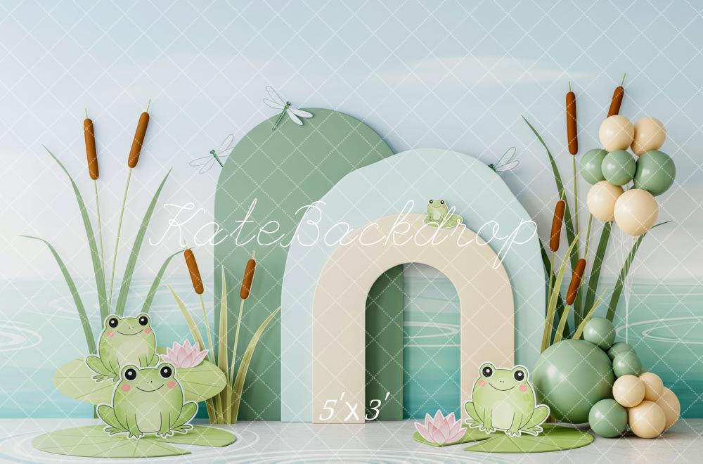 Kate Cake Smash Frog Pond Cattails Balloons Printed Backdrop Designed by Patty Roberts