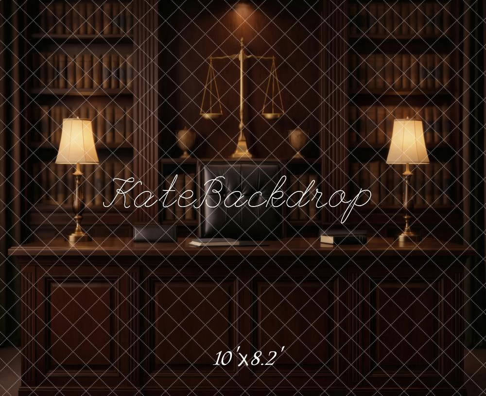 Kate Bookshelves Desk Scales of Justice Lamps Printed Backdrop Designed by Vertigo Productions