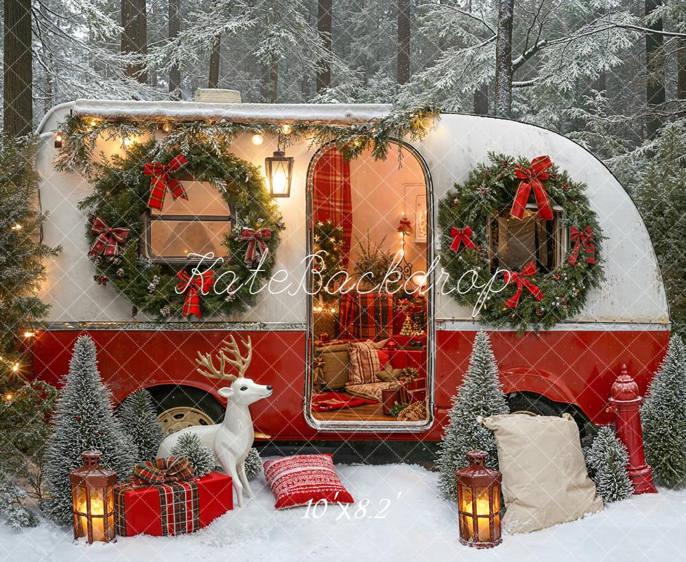 Kate Christmas Camper Wreath Gifts Reindeer Snow Forest Backdrop Designed by Emetselch